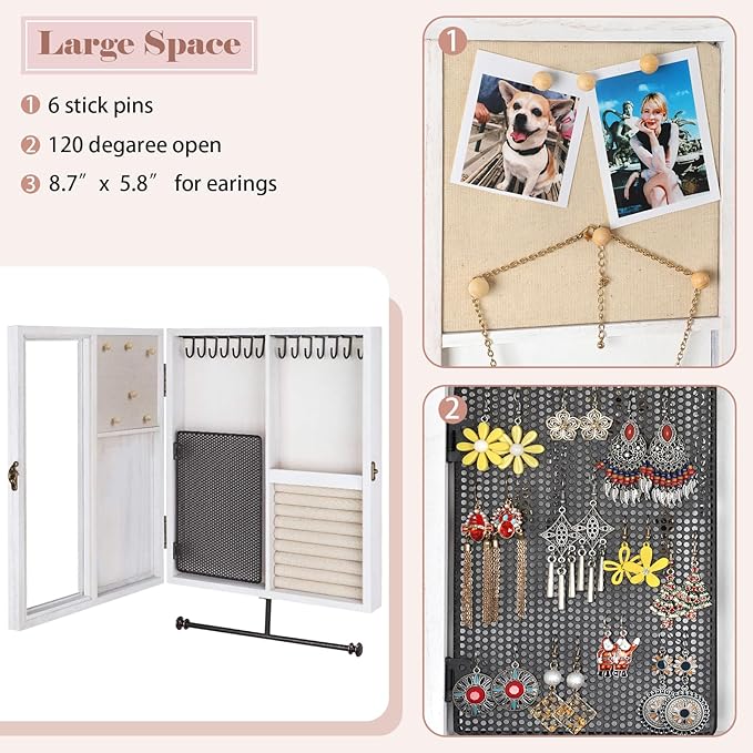Keebofly Wall Mounted Rustic Wood Jewelry Organizer Cabinet - White | Large Hanging Holder Display for Necklaces, Earrings & Bracelets, Space Saving Ring Storage, Great Gift for Women - Image 4