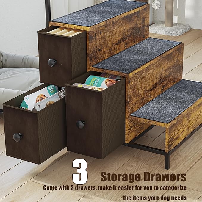 LEMBERI Pet Bunk Bed with Stairs and Storage, Dogs/Cats Window Perch, Bedside Lounge Elevated Dog Bed Multi-Level Platform with Foam Upholstery (Brown)