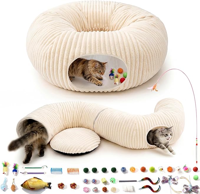 Cat Tunnel Bed with 40 Pcs Interactive Cat Toys, Cat Tube with Kitten Toys for Indoor Kittens, Collapsible Play Tunnel, White by MOYMO