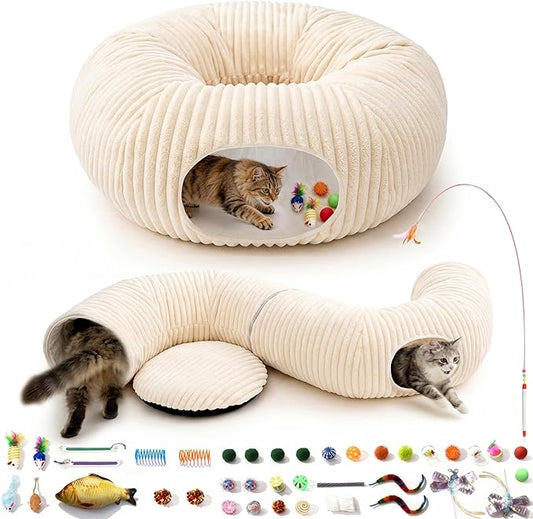 Cat Tunnel Bed with 40 Pcs Interactive Cat Toys, Cat Tube with Kitten Toys for Indoor Kittens, Collapsible Play Tunnel, White by MOYMO