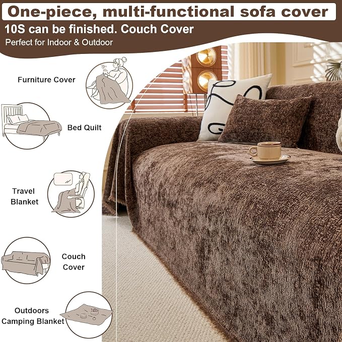 ROOMLIFE Brown Couch Cover 3 Cushion Sofa, Washable Non Slip Furniture Sofa Protector Cover, Soft Chenille Sofa Slipcovers Sectional L Shape Dogs Couch Cover Throw Blanket with Tassels 71''X134'' - Image 5