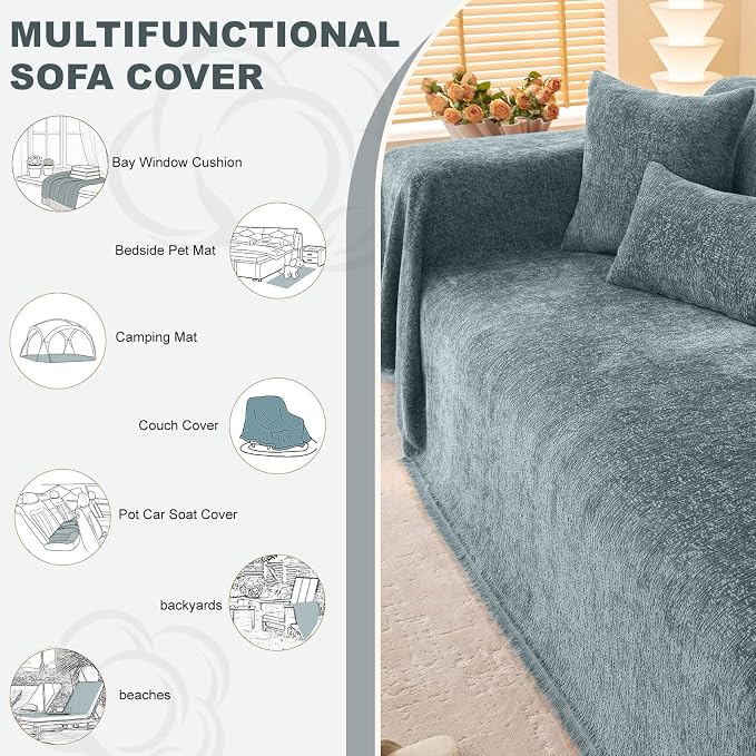 ROOMLIFE Couch Cover Boho Sofa Covers for 3 Cushion Couch Washable Blue | Furniture Protector Sofa Couch Cover for Dogs, Soft Breathable Sofa Slipcover, Couch Throw Blankets with Tassels 71''X118'' - Image 5