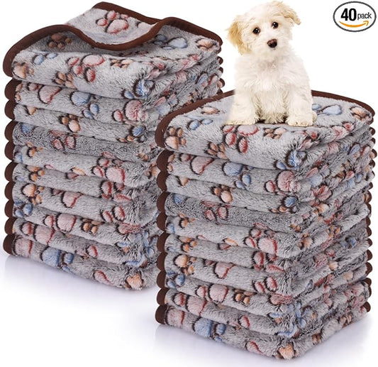 Chumia 40 Pcs Dog Blankets Soft Fluffy Fleece Washable Puppy Sleep Blankets Small Mat for Pets Throw Warm Bed Mat for Dog Puppy Cat (Black,Paw) by Chumia
