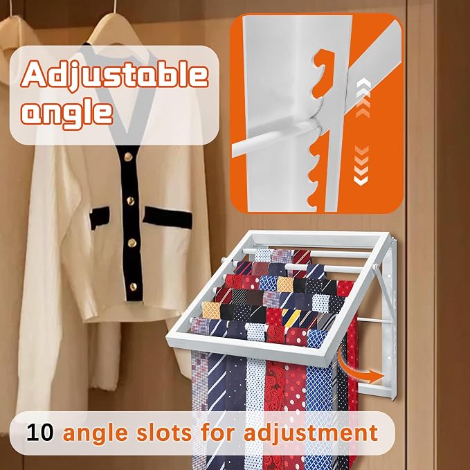 Tie Rack Wall Mounted, Adjustable Angle Tie Organizer for 60 Ties & Scarves | Holds up to 60 Ties, 10 Angle Slots, Wall-Mounted Easy Installation, Long-Lasting Design - Image 4