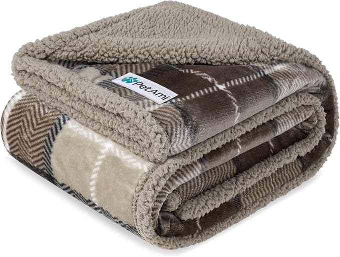 PetAmi Waterproof Dog Blanket for Couch, Large 60x40, Pee Proof Sherpa Fleece Reversible Pet Throw, Furniture Protector for Bed Sofa Kennel, Soft Washable Cover for Medium Dogs Cats, Plaid Taupe by PetAmi