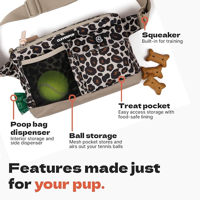 Cleverpup Walk & Train 2-in-1 Dog Walking Bag - Hands-Free Training Crossbody Sling & Fanny Pack with Treat Pouch, Poop Bag Holder, Phone Pockets - Adjustable Waist or Shoulder Strap - Leopard - Image 3