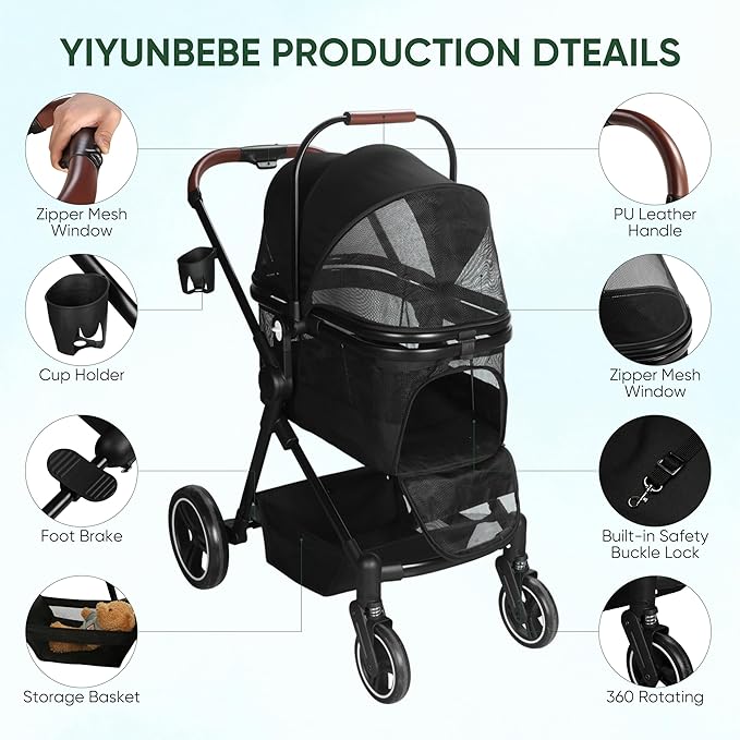 Foldable Dog Stroller, 3 in 1 Pet Stroller for Small Medium Dog Cat up to 50lbs, Detachble Portable Pet Bag, Storage Basket and One-Button Folding Frame
