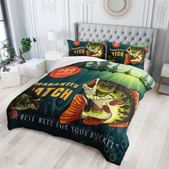 Nttopship Big Pike Fish Comforter Sets, Hunting and Fishing Pattern Bedding Set Queen Size for Kids,Fishing Underwater Animals Bedding Sets All Season 1 Comforter and 2 Pillowcases - Image 2