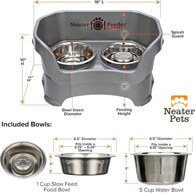 Neater Feeder Deluxe Mess Proof Dog Bowls Elevated for Medium Sized Breeds – Made in USA – No Spill Raised Slow Feeder Elevated Dog Bowl Stand, Stainless Steel Food and Water Bowl Set, Grey - Image 7