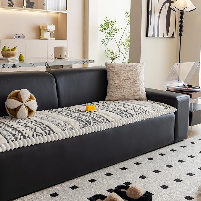 VClife Boho Couch Cover, Soft Fuzzy Couch Covers for Dog, Non-Slip Furniture Protector, Washable Durable Sofa Covers for Couch/Bench, Tribal White Grey Geometric Slipcover, 27.6" x 82.7" - Image 7