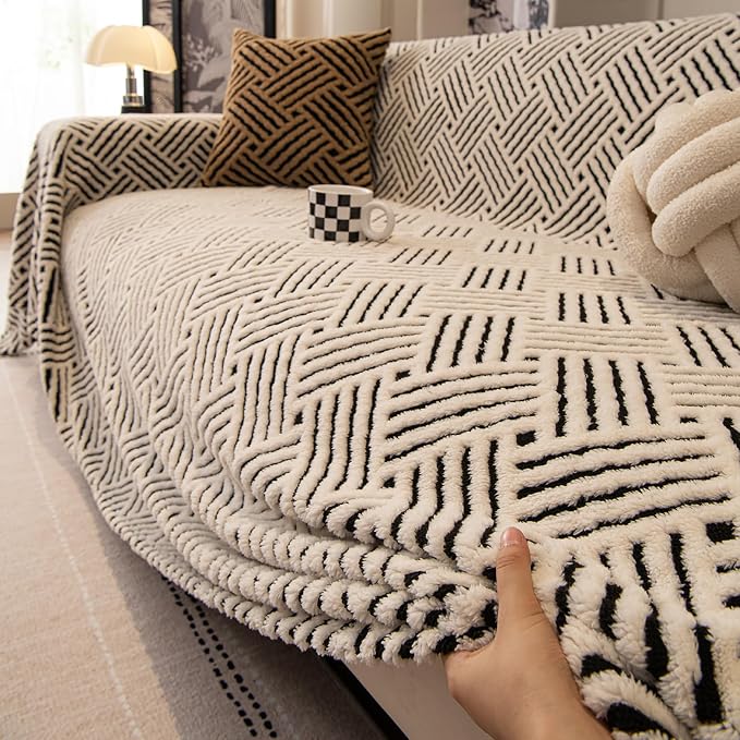 ROOMLIFE Striped Boho Black Couch Cover for 2-3 Cushion Sofa, Fuzzy Plush Warm Sofa Slipcovers Sectional Sofas Covers, Non Slip Washable Furniture Protector Soft with Tassel,Winter 71''X150” - Image 8