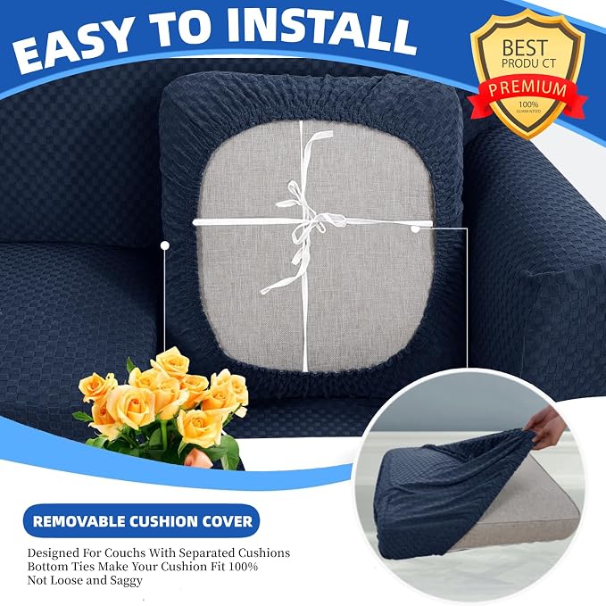 YEMYHOM Stretch Individual Cushion Covers Sofa Chair Seat Cushion Slipcovers Soft Couch Cover Replacement Large Checkered Furniture Protector with Elastic Bottom (1 Pc Cushion Cover, Navy) - Image 4
