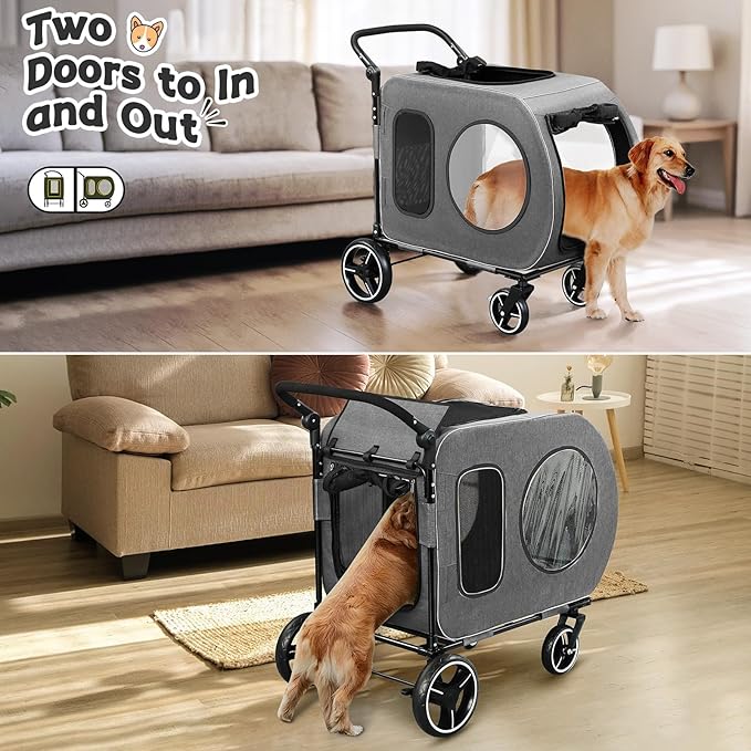 Large Dog Stroller for Medium Dogs，Pet Stroller for 2 Small Dogs, Foldable Jogger Wagon with Detachable Carrier for Car Seat, Adjustable Handle, Up to 90 lbs, Gray
