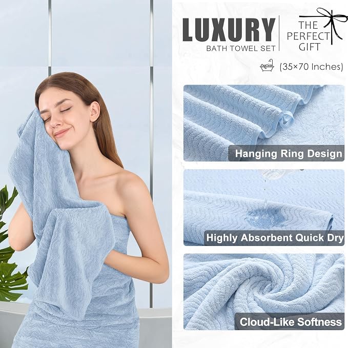 8 Piece Bath Towel Set Blue|2 Oversized Large Bath Sheet,2 Hand Towels,4 Washcloths| Ultra Soft Cozy Bath Towel Set for Bathroom Hotel Gym Spa,Highly Absorbent & Quick Dry Bathroom Towel Collections - Image 3