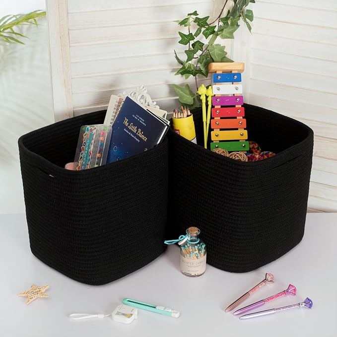 MINTWOOD Design 3-Pack 11x11 Inch Cube Storage Bin, Woven Organizer, Closet Cute Square Bins, Decorative Classroom Bathroom Pantry and Shelf Baskets, Full Black (MD-196) - Image 6