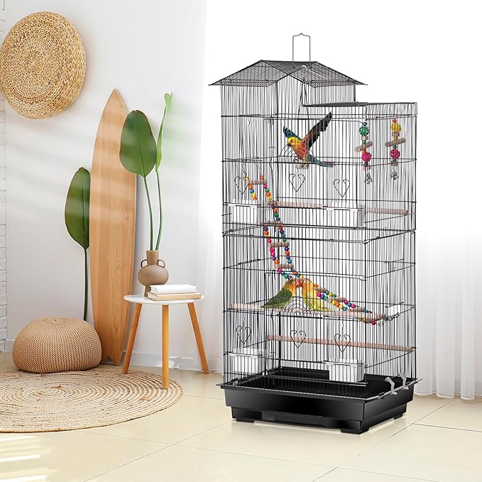 ZENY 39-inch Roof Top Large Flight Parrot Bird Cage for Small Quaker Cockatiel Canary Sun Parakeet Green Cheek Finch Budgie Lovebirds Wrought Iron Pet Bird Cage w/Toys - Image 4