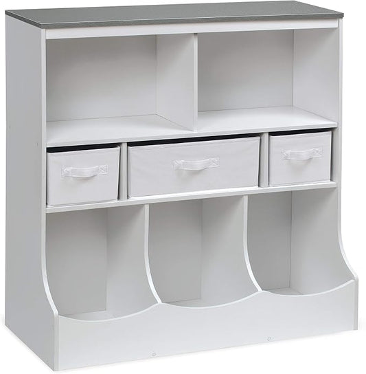 Badger Basket Combo Toy Storage Organizer and Bookshelf - Kids Storage Unit with 3 Removable Baskets, Open Shelves, Top Display Surface - White/Gray by BadgerBasket