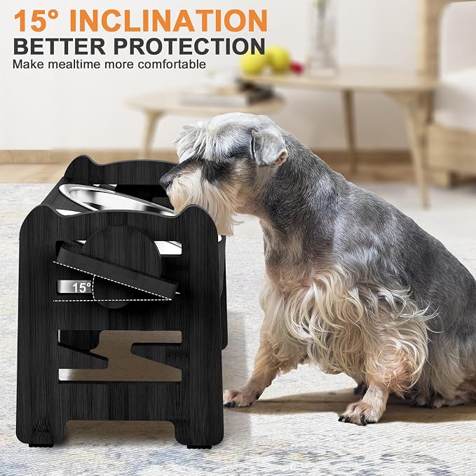 Elevated Dog Bowls - Adjustable Raised Dog Bowls - Dog Bowls with Stand - Dog Feeding Station for Small Dog and Cat with 2 Stainless Steel Bowls and Non-Slip Feet, Durable, Bamboo (Black) - Image 5