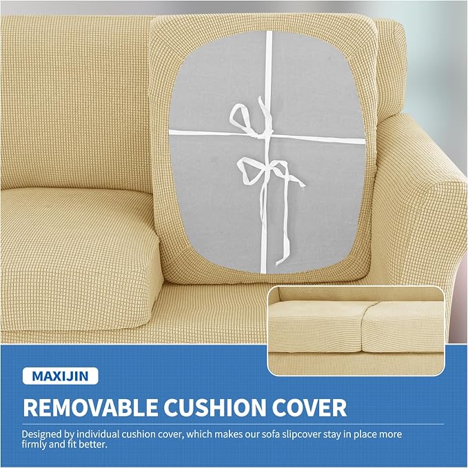 MAXIJIN 4 Piece Couch Covers for 3 Cushion Couch Super Stretch Sofa Cover for Dogs Pet Proof Fitted Furniture Protector Spandex Jacquard Non Slip Magic Couch Slipcover Washable (Extra Large, Beige) - Image 4
