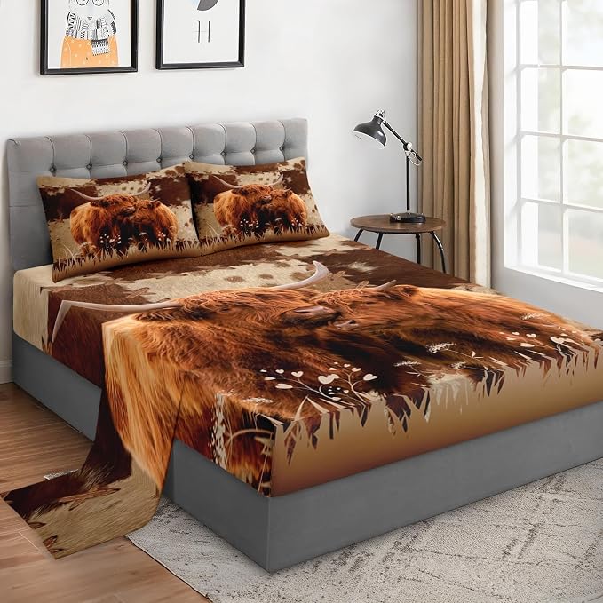 WeCozy Twin Size Bed Sheet Sets with Pillowcases, Highland Cow Animal Bull 3 Pcs Soft Microfiber Bedding for Kids and Adults, Farm Flat, Fitted Sheet for Bedroom Bed Decor by WeCozyHomeDecor