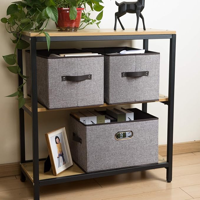 PRANDOM Larger Collapsible Storage Bins for Closet [5-pack] Decorative Linen Fabric Storage Baskets Cubes with Leather/Metal Handles for Living Room Grey (17.3x12.2x10.4 Inch) - Image 3