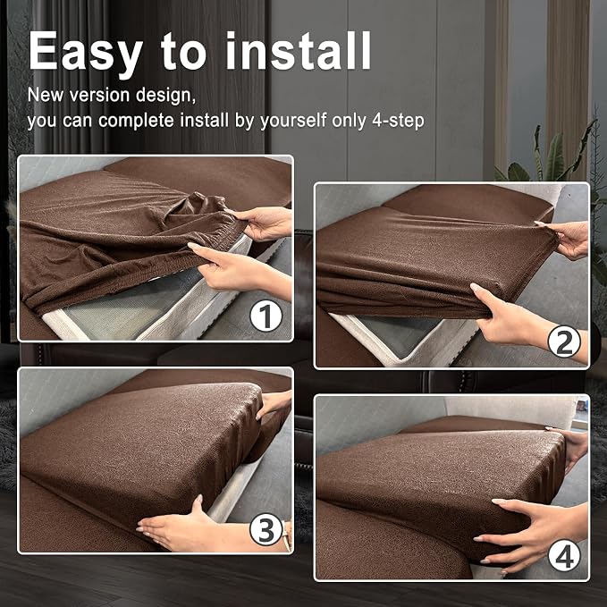 ANARACHON Leather Look Couch Cushion Covers Sofa Seat Slipcovers Sets Couches Furniture Protector for Sectional Armchair Loveseat Pets Kids Stretch Spandex Fabric (3 Cushion Sofa, Brown) - Image 6