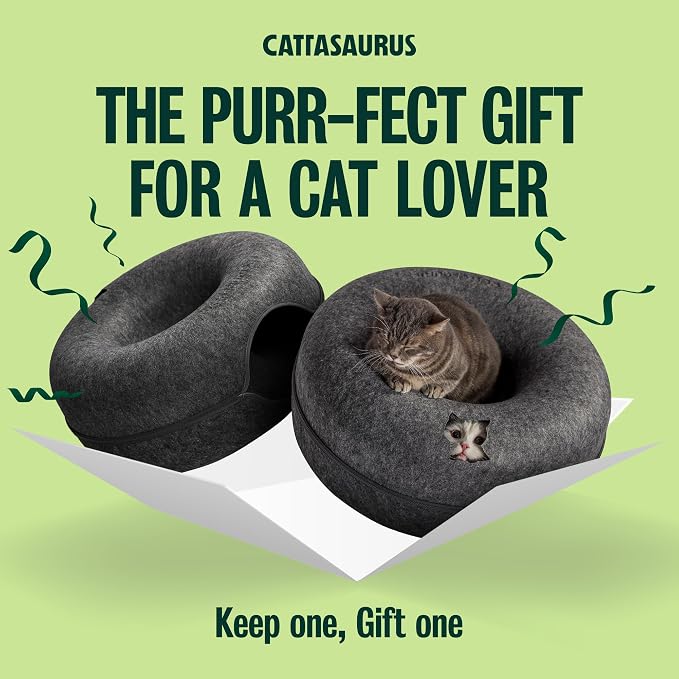 Cattasaurus Peekaboo Cat Cave Donut for Multiple & Large Cats up to 30-45 lbs, 3-in-1 Self Warming Cat Bed, Tunnel & Scratcher for Indoor Cats, Washable & Detachable (Dark Gray + Dark Gray, Large) - Image 4