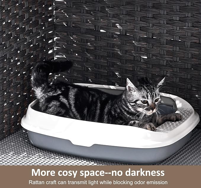 Cat Litter Box Enclosure with Door, Hidden Cat Washroom Furniture | Handwoven PP Wicker; Soft Litter Mat Included; Spacious Interior; Furniture-Style Design; Indoor Home Décor - Image 5