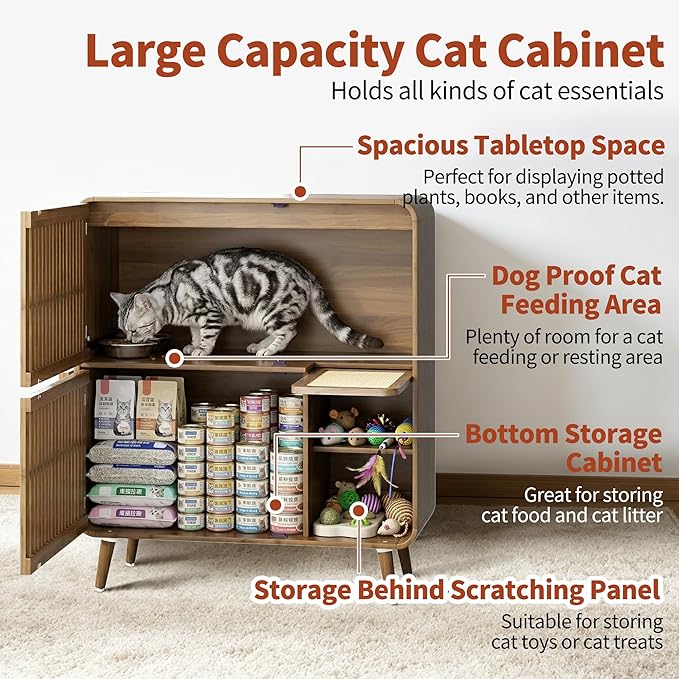 Dog Proof Cat Feeding Station, Pet Feeding Station with Storage and Scratching Board, 2 Raised Steel Bowls for Indoor Cats, Elevated Food Bowls with Stand, Large Pet Furniture, Brown - Image 5