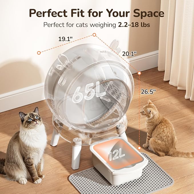 Automatic Self Cleaning Litter Box, Cat Litter Box with APP Control, 65L Globe & Dual Safety Sensors, Robot Litter Box, 1 Roll Garbage Bags and Litter Mat, <35DB, for Multiple Cats, White - Image 3