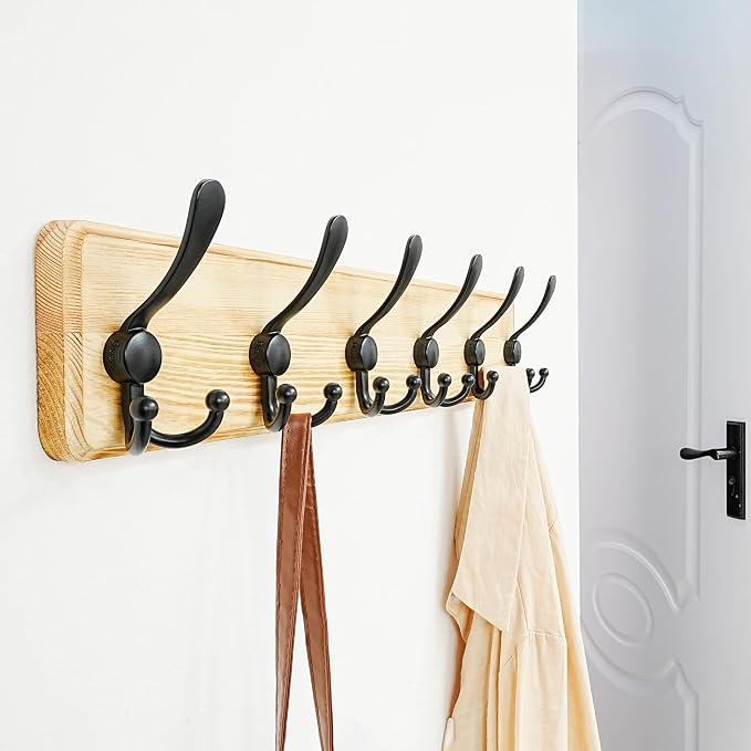Dseap Coat Rack Wall Mounted - 24" Long 6 Tri Hooks, Heavy Duty Wooden Wall Coat Hanger Coat Hook for Clothes Hat Jacket Clothing, Weathered Light Natural and Black, Pack of 2 - Image 5