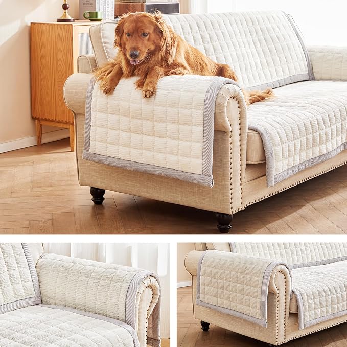 Couch Cover for Dogs Washable,Anti-Slip Back Cat Mat Pet Pad Blanket for Furniture Protector,Fuzzy Pet Sofa Cover for 3 Cushion Couch Sofa Pets Friendly (Ivory, 2pc/22"x28"-Arm/Backrest Cover) by Unknown