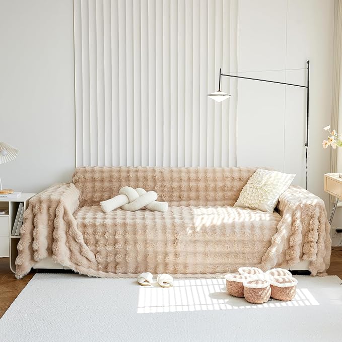 Soft Warm Light Tan Plush Sofa Cover Premium Faux Fur Couch Cover | Solid Non Slip Fluffy Sofa Slipcovers Washable Furniture Protector for Kids, Dogs, L Shaped Sofas, Large, 71''x118'' - Image 8