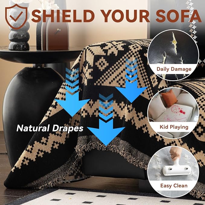 VClife Boho Couch Cover for Sofa, Anti Slip Chenille Sofa Cover for Sectional Sofa - 1 Piece Black Khaki Geometry Jacquard Sofa Slipcover, Pet-Friendly Couch Cushion Cover with Tassel 71"x 134" - Image 7