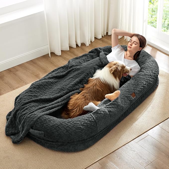 ChiXnuggle Orthopedic Human Dog Bed,with Faux Fur Washable Cover,Blanket | dark grey,72*40*10,giant dog bed for adult or extra large dogs,egg crate foam,non-slip bottom by SnuggleUpPawsDown