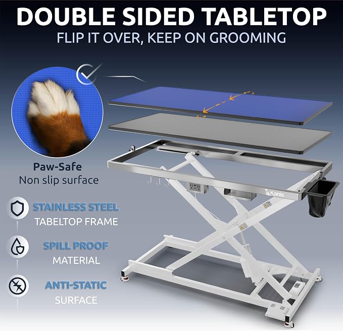KANIS Professional Electric Dog Grooming Table - Heavy Duty | Height Adjustable Pet Grooming Table w/Leveling Wheels, Dog Grooming Arm, Anti-Slip Tabletop & Tool Organizer (White, 60") - Image 5