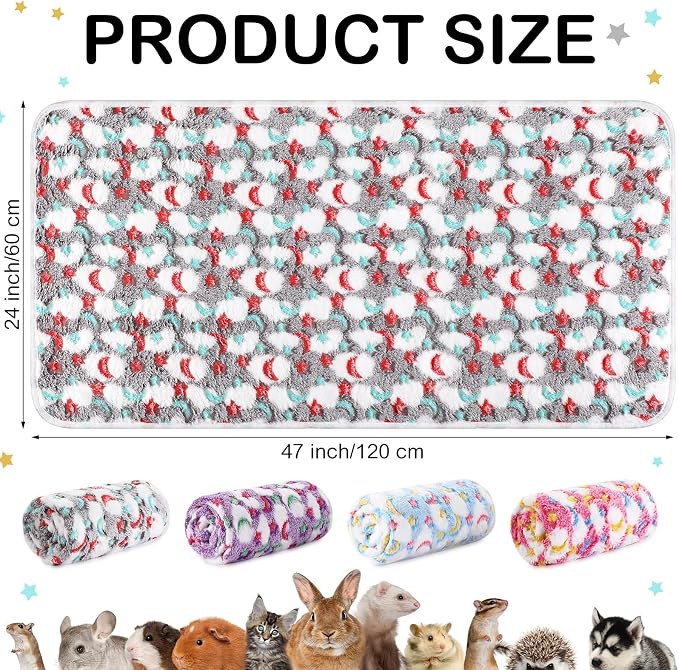 Reginary 4 Pcs Waterproof Guinea Pig Blankets Washable Small Animal Fleece Bedding Absorbent Guinea Pig Cage Liners Reusable Training Pee Pad Pet Sleep Mat for Hamster(Moon Star Pattern,24 x 47 Inch) - Image 2