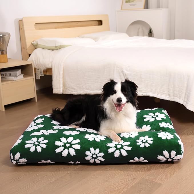 Cute Fluffy Dog Beds for Extra Large Dogs, 41"x 28", Green Flower | Thick Dog Bed for Crate Kennel, Pet Bed with Removable Washable Cover, Anti-Slip Bottom - Image 2