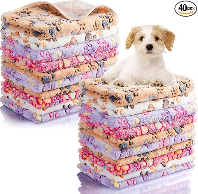 Chumia 40 Pcs Dog Blankets Soft Fluffy Fleece Washable Puppy Sleep Blankets Small Mat for Pets Throw Warm Bed Mat for Dog Puppy Cat (Pink,White,Brown,Purple,Paw) by Chumia