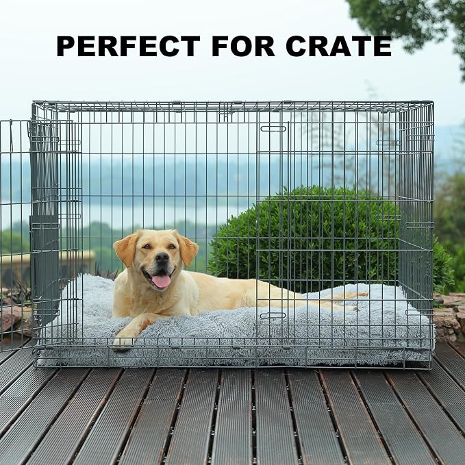 Bedfolks Waterproof Crate Bed, Plush Pad With Removable Cover, Faux Fur for XXL Dogs, Fluffy Washable Kennel Bed 47"x29", Solid Light Grey - Image 3