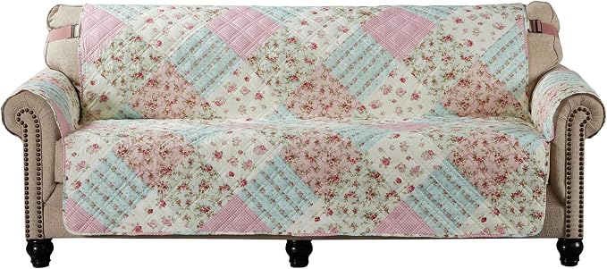 Brilliant Sunshine Pink and Green Rose Patchwork Couch Cover, Quilted X-Large Sofa Slipcover, 78" Seat Width, Slip Resistant Furniture Protector, 2" Strap, Washable Couch Cover for Pets, Pink Green | Non Slip Sofa Cover, Living Room Quilted Furniture P... - Image 2