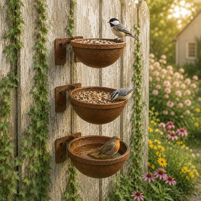 Rustic Wall Mounted Bird Feeder Bowls 3 Pack, Metal Bird Bath & Bird Seed Bowls for Wall, Fence or Tree, Vintage Outdoor Bird Water Feeder Set with Screws for Garden Decor - Image 8
