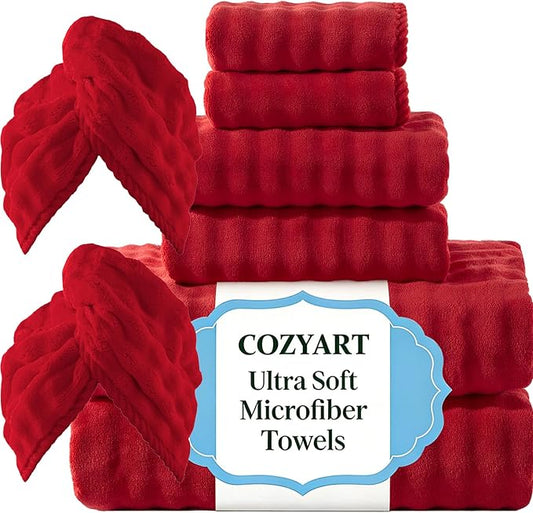 COZYART Lint Free 8 Pcs Bathroom Towels Set Ultra Soft Microfiber Red | Fluffy, Thick, Highly Absorbent, Fast Dry, No Shedding, No Pilling, Fade Resistant, Durable, Long-lasting by COZYART
