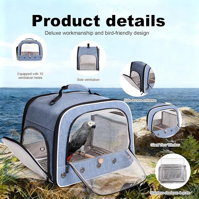 halinfer Bird Travel Carrier Cage for Large Size Parrot, Portable Bag with Metal Tray and Grate to Carry and Transport Medium and Large Birds Like African Grey, Long Tail Cockatiel and Parrot - Image 3