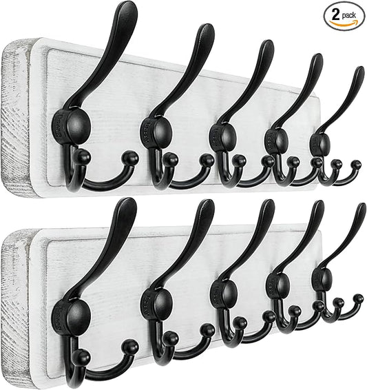 Dseap Coat Rack Wall Mounted - 5 Tri Hooks, Heavy Duty, Wooden Wall Coat Hanger Coat Hook for Clothes Hat Jacket Clothing, White & Black, Pack of 2 by Dseap