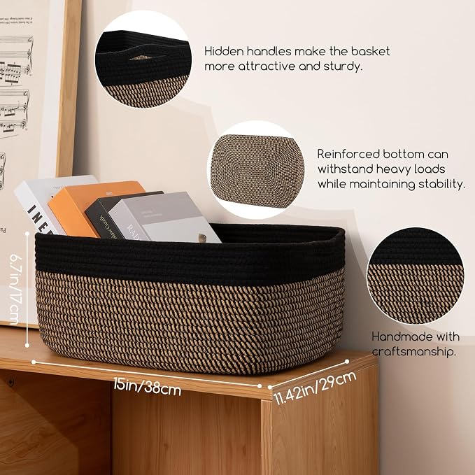 OIASKET Storage Baskets for Organizing 3 Pack, Woven Baskets for Shelves, Closet Organizer Bins Empty Gift Basket Toy Storage for Toys, Books, Towels, Clothes, 15"x11.42"x6.7", Black & Yellow - Image 2