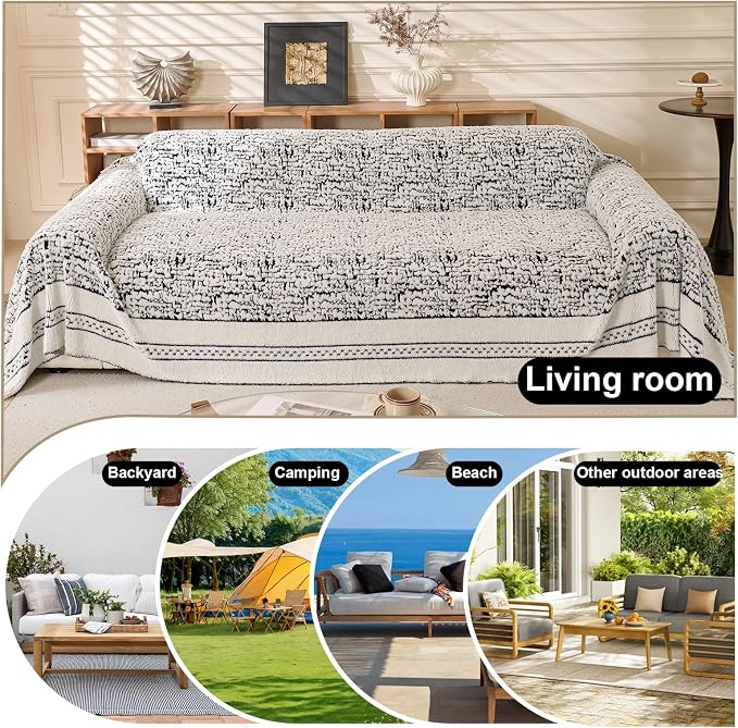 ROOMLIFE Thicked Striped Boho Black Couch Cover for 2-3 Cushion Sofa, Fuzzy Plush Warm Sofa Slipcovers Sectional Sofas Covers, Non Slip Washable Furniture Protector Soft with Tassel,Winter 71''X118” - Image 6