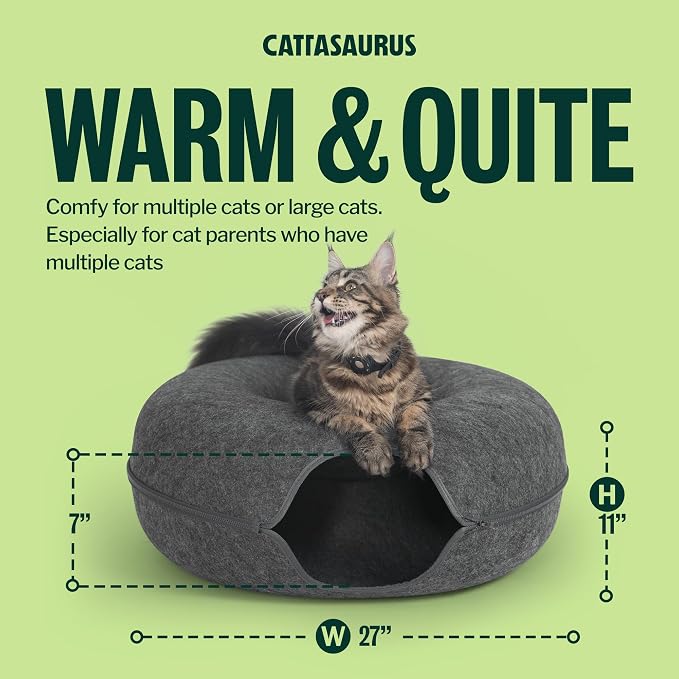Cattasaurus Peekaboo Cat Cave Donut for Multiple & Large Cats up to 30-45 lbs, 3-in-1 Self Warming Cat Bed, Tunnel & Scratcher for Indoor Cats, Washable & Detachable Small Dog Bed (Dark Gray, Jumbo) - Image 2