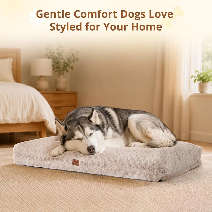 EGOHOME Dog Bed for Large Dogs, Shredded Memory Foam, Washable, Non-Slip | Balanced Support Foam, CertiPUR-US, Removable Washable Cover, Rose Velvet, Dog Crate Bed & Kennel Pad, 41 x 27 Inch, Beige - Image 9