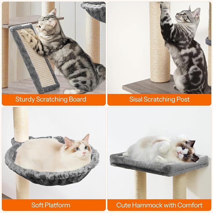 HOOBRO Cat Tree with Litter Box Enclosure, 44" Tall Wooden Cat Tower with Scratching Posts, Cat Hammock, Hidden Litter Box Furniture, All-in-One Indoor Cat Condo, Greige BG48MZ03 - Image 6